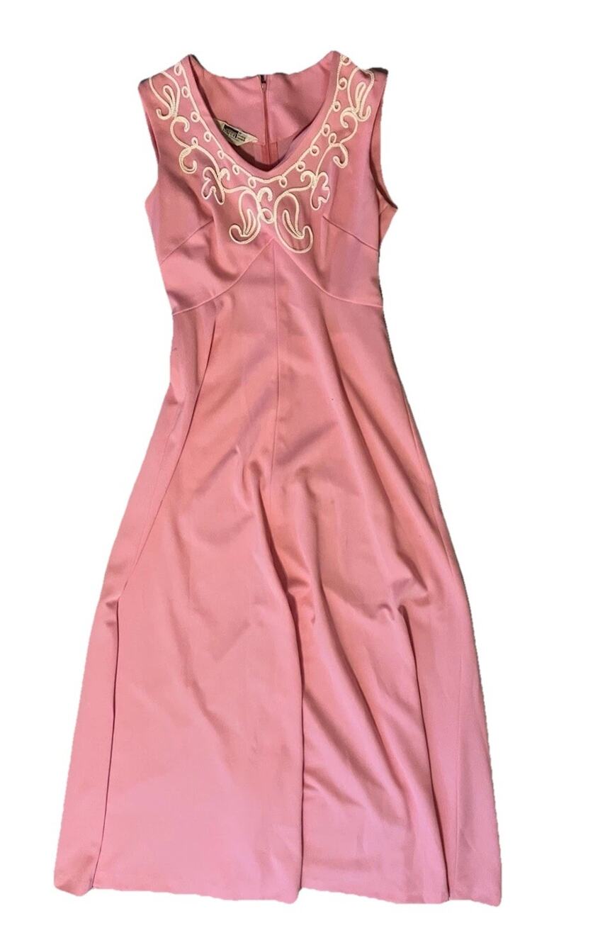Vintage 1970s Montgomery Ward Pink White Embroidered Maxi Dress Boho Retro
